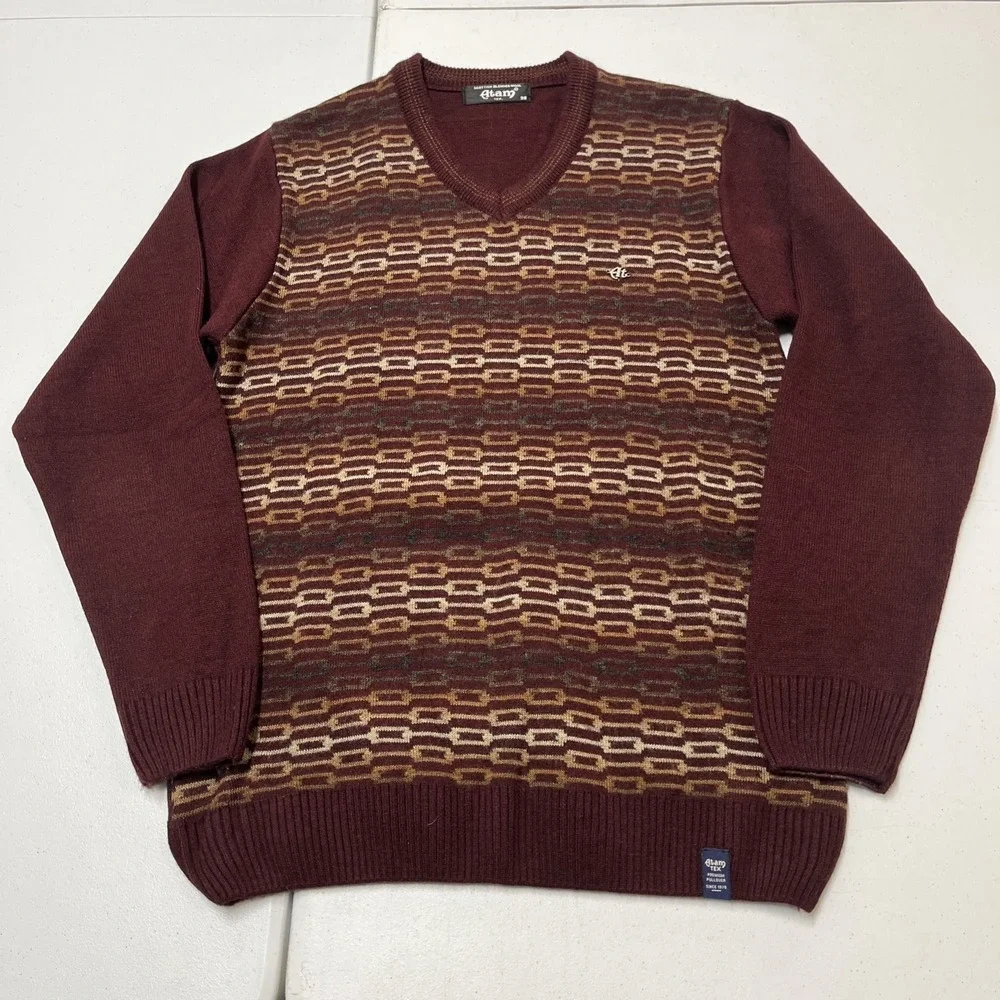 Atam Sweater Scottish Blend Wool Premium Pullover Mens‎ 38 M Maroon Geometric